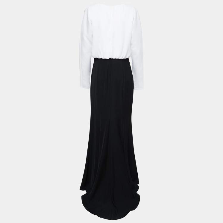 Pre Owned Tadashi Shoji Black/White Crepe Wrap Effect Maxi Dress M