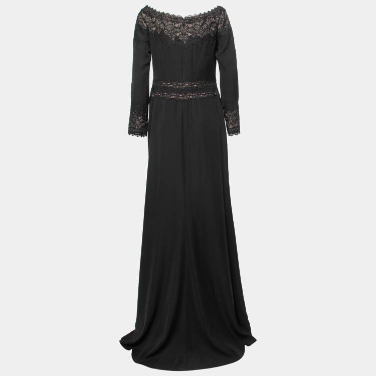Pre Owned Tadashi Shoji Black Crepe and Lace Off-Shoulder Gown L