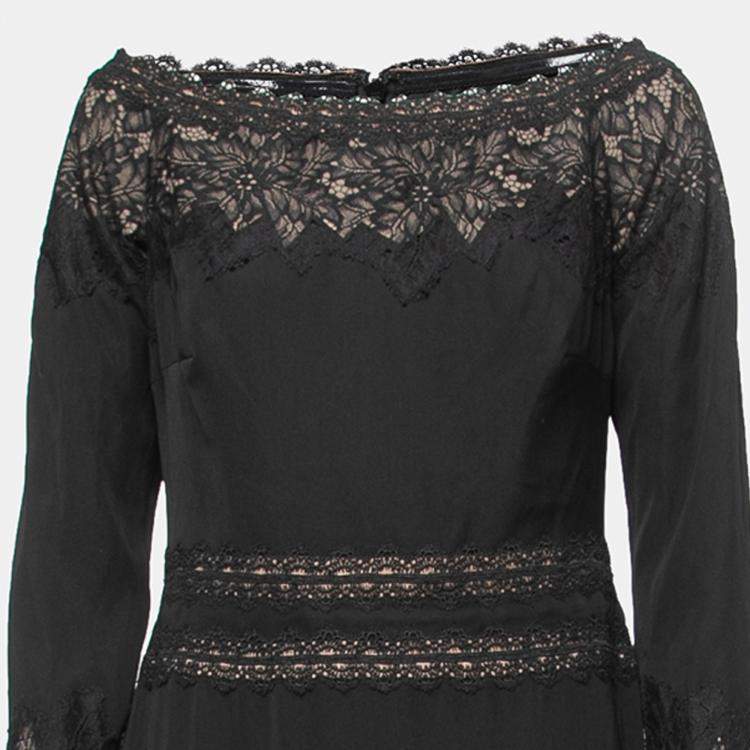 Pre Owned Tadashi Shoji Black Crepe and Lace Off-Shoulder Gown L