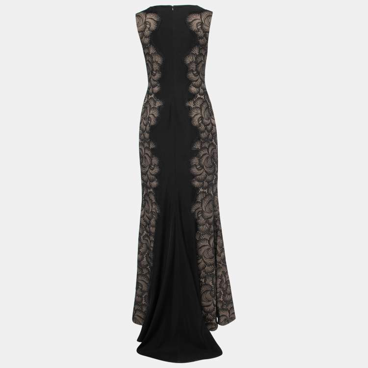Pre Owned Tadashi Shoji Black/Beige Crepe Lace Side Panel Gown S
