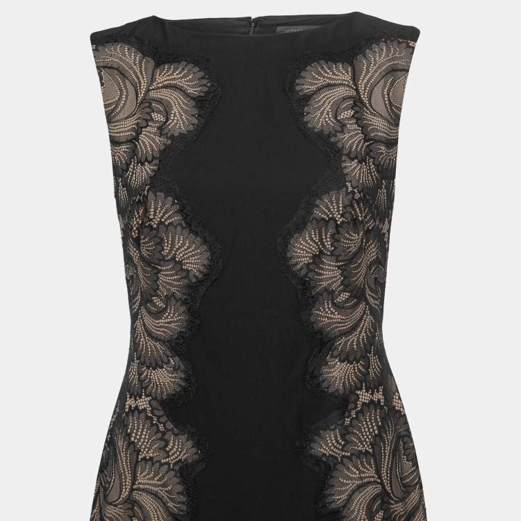 Pre Owned Tadashi Shoji Black/Beige Crepe Lace Side Panel Gown S