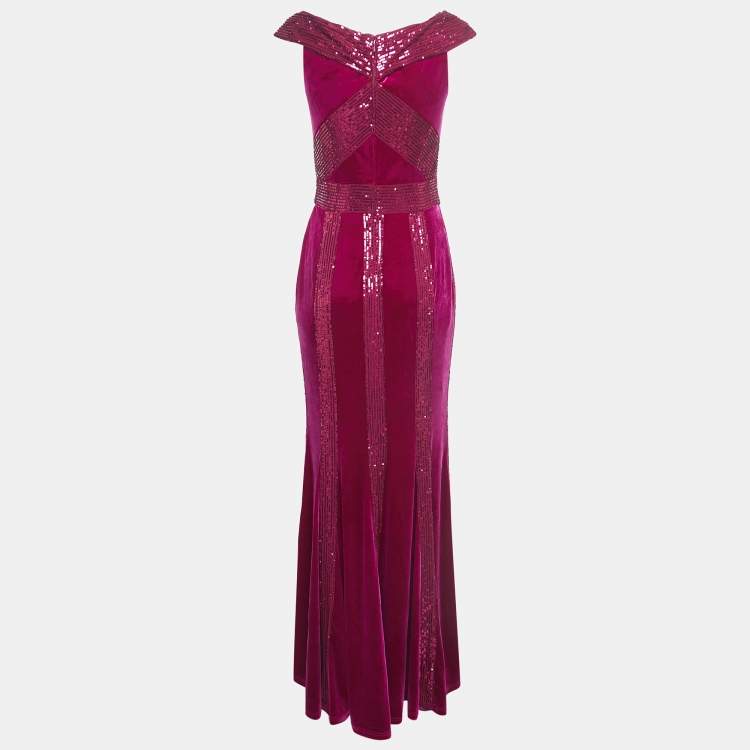 Pre Owned Tadashi Shoji Magenta Pink Velvet and Sequin Rhea Gown S