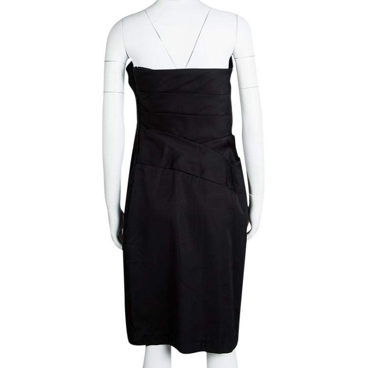 Pre Owned Tadashi Shoji Black Silk Asymmetric Pleat Detail Strapless Dress M