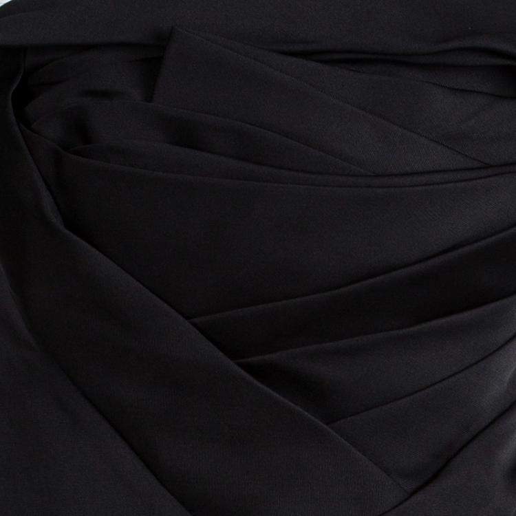 Pre Owned Tadashi Shoji Black Silk Asymmetric Pleat Detail Strapless Dress M