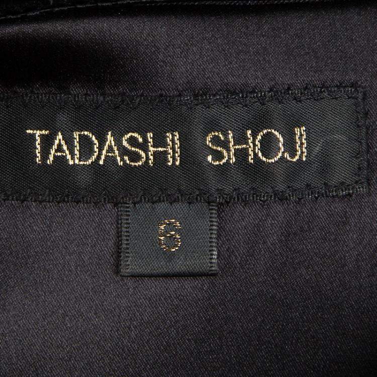 Pre Owned Tadashi Shoji Black Silk Asymmetric Pleat Detail Strapless Dress M