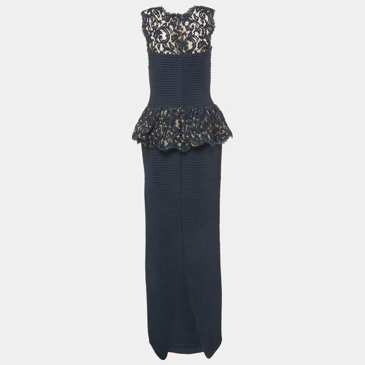 Pre Owned Tadashi Shoji Navy Blue Jersey Sleeveless Lace Trimmed Gown S