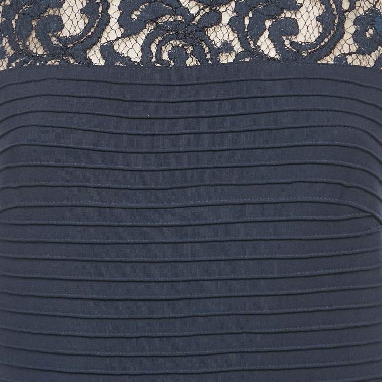 Pre Owned Tadashi Shoji Navy Blue Jersey Sleeveless Lace Trimmed Gown S