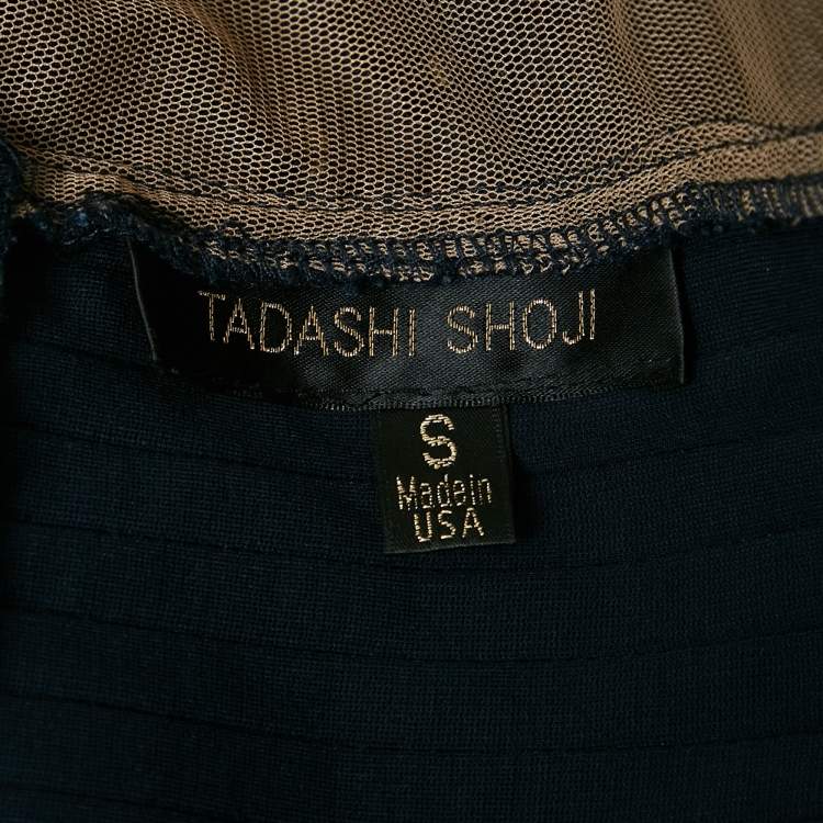 Pre Owned Tadashi Shoji Navy Blue Jersey Sleeveless Lace Trimmed Gown S