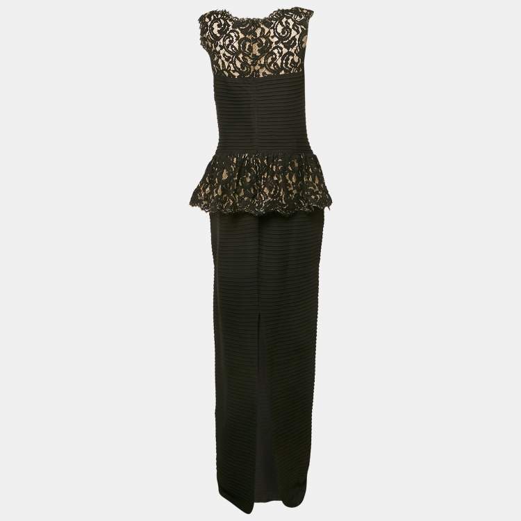 Pre Owned Tadashi Shoji Black Lace and Pleated Jersey Peplum Sleeveless Gown M