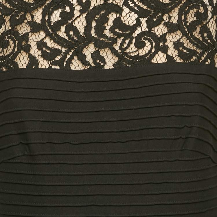 Pre Owned Tadashi Shoji Black Lace and Pleated Jersey Peplum Sleeveless Gown M