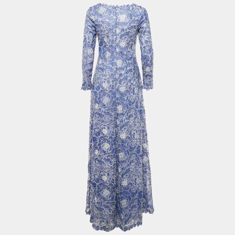 Pre Owned Tadashi Shoji Blue Embroidered Long Sleeve Maxi Dress S