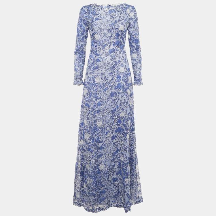 Pre Owned Tadashi Shoji Blue Embroidered Long Sleeve Maxi Dress S