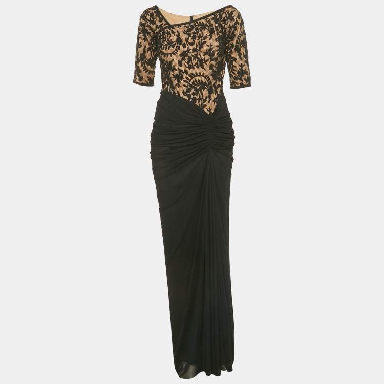 Pre Owned Tadashi Shoji Black Tulle and Lace Ruched Gown M
