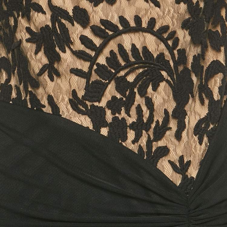 Pre Owned Tadashi Shoji Black Tulle and Lace Ruched Gown M