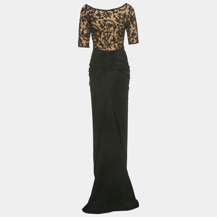 Pre Owned Tadashi Shoji Black Tulle and Lace Ruched Gown M