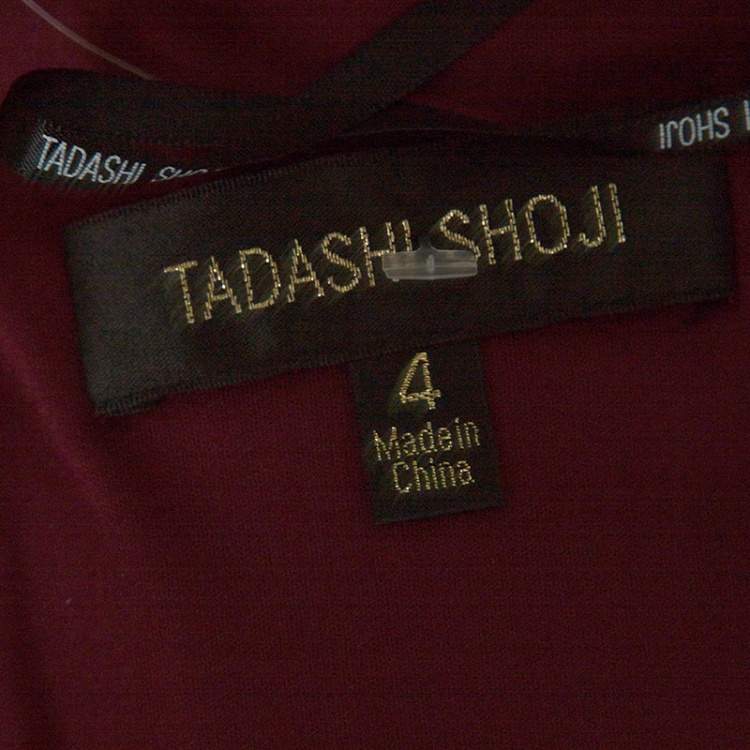 Pre Owned Tadashi Shoji Burgundy Tulle Woven Bodice Sequined Gown S