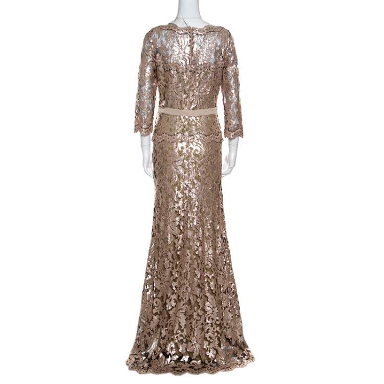 Pre Owned Tadashi Shoji Pink and Black Sequined Lace Scalloped Trim Detail Belted Tulle Gown M