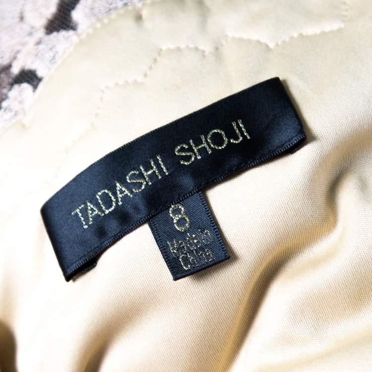 Pre Owned Tadashi Shoji Pink and Black Sequined Lace Scalloped Trim Detail Belted Tulle Gown M