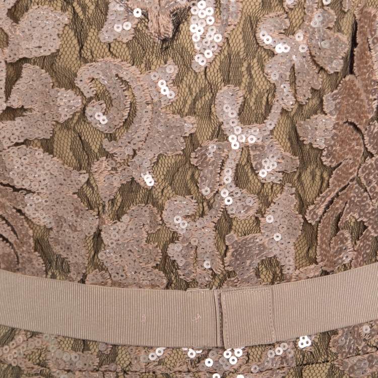 Pre Owned Tadashi Shoji Pink and Black Sequined Lace Scalloped Trim Detail Belted Tulle Gown M