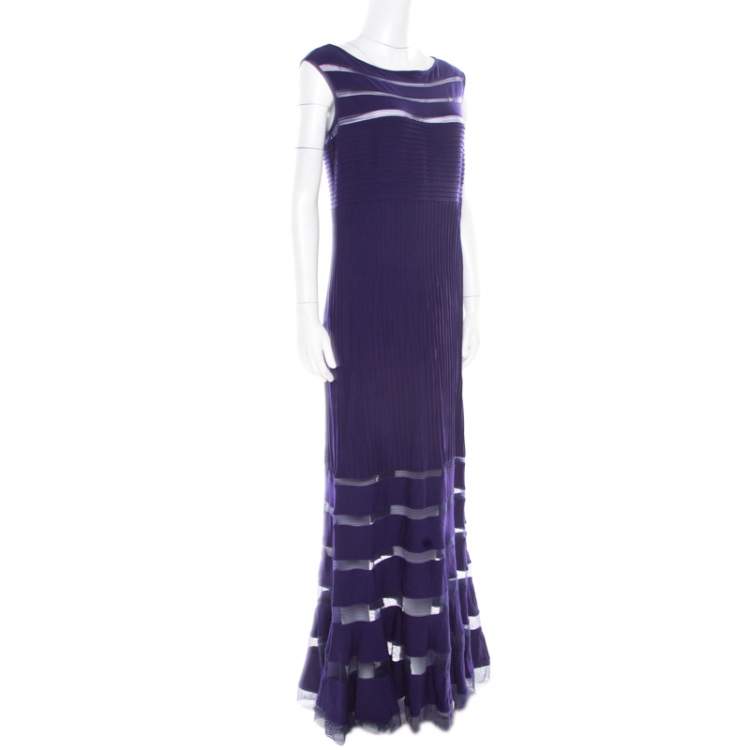Pre Owned Tadashi Shoji Purple Sheer Panel Insert Sleeveless Gown L