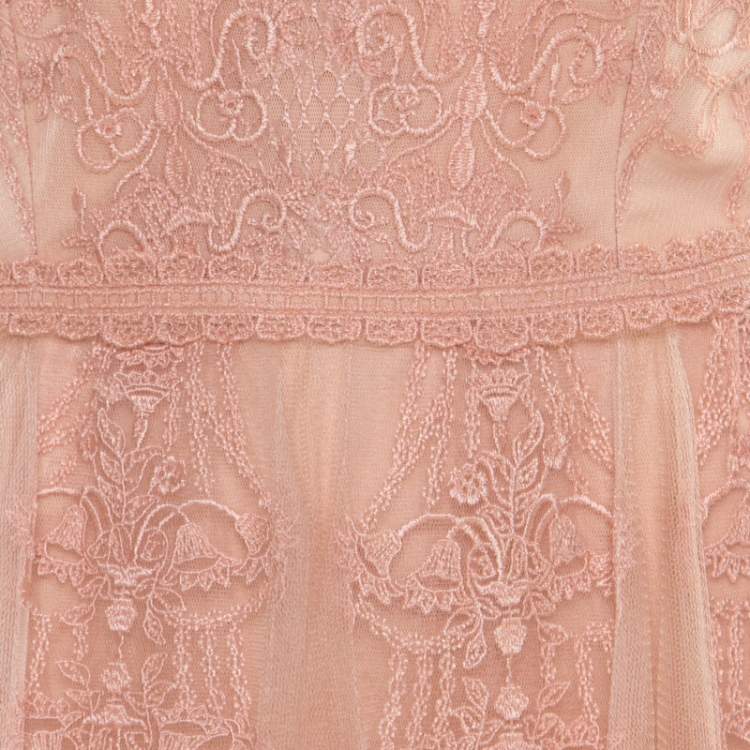 Pre Owned Tadashi Shoji Peach Floral Lace Overlay Sleeveless Layered Tulle Dress M