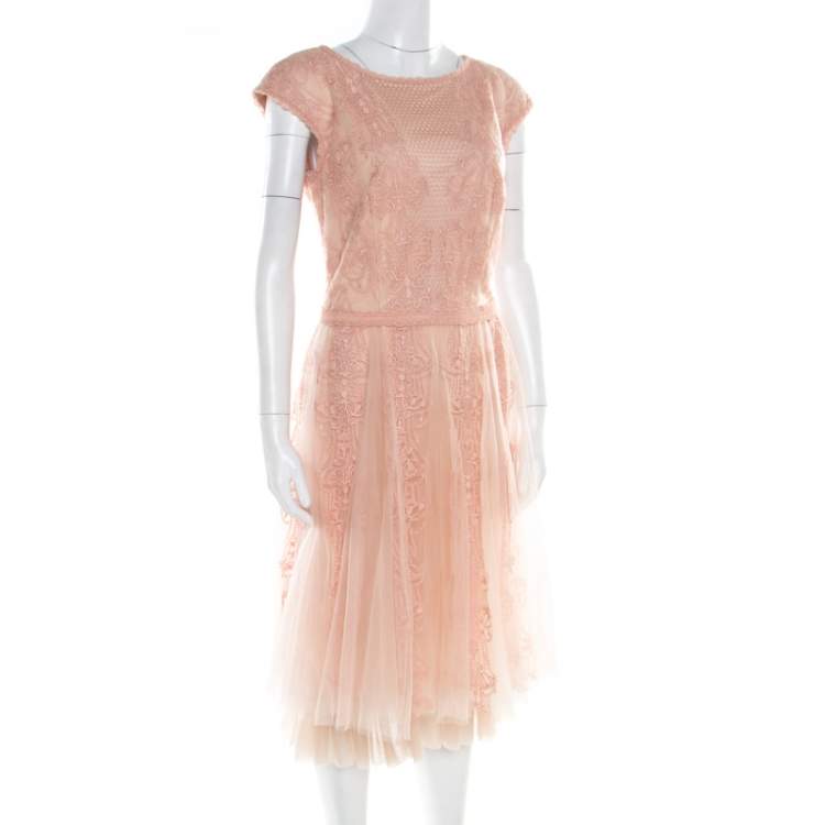Pre Owned Tadashi Shoji Peach Floral Lace Overlay Sleeveless Layered Tulle Dress M