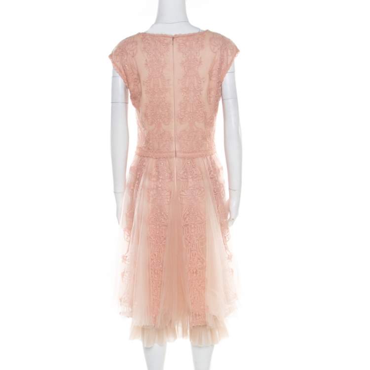 Pre Owned Tadashi Shoji Peach Floral Lace Overlay Sleeveless Layered Tulle Dress M