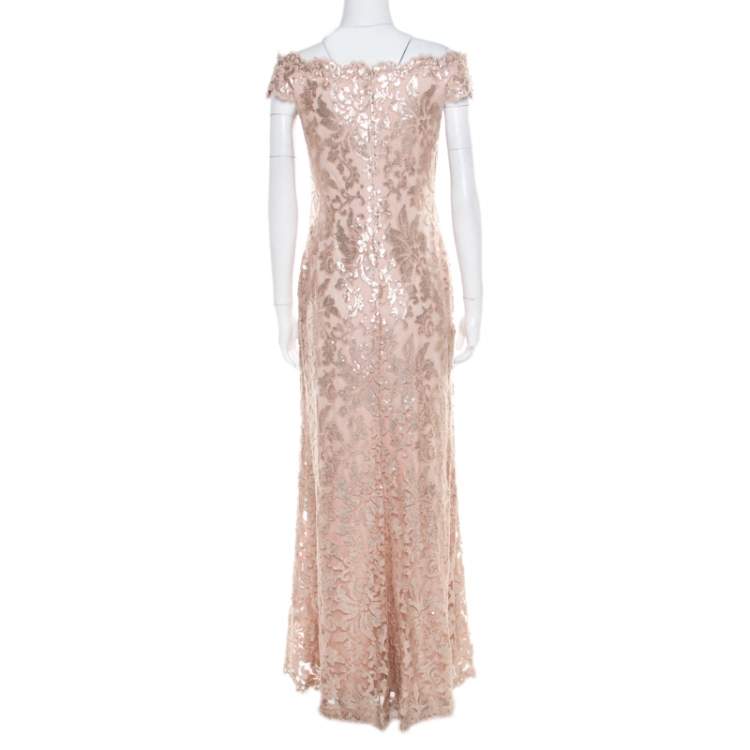 Pre Owned Tadashi Shoji Blush Pink Sequined Off Shoulder Evening Gown S