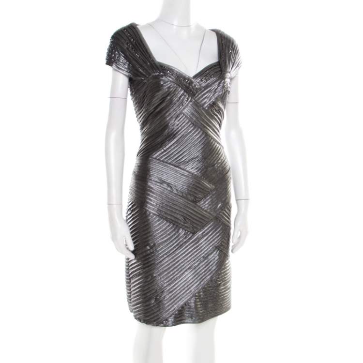 Pre Owned Tadashi Shoji Metallic Pintucked Pleat Detail Embellished Dress M