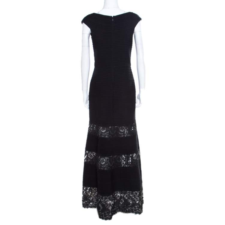 Pre Owned Tadashi Shoji Black Pintuck Detail Floral Lace Insert Barberton Gown XS