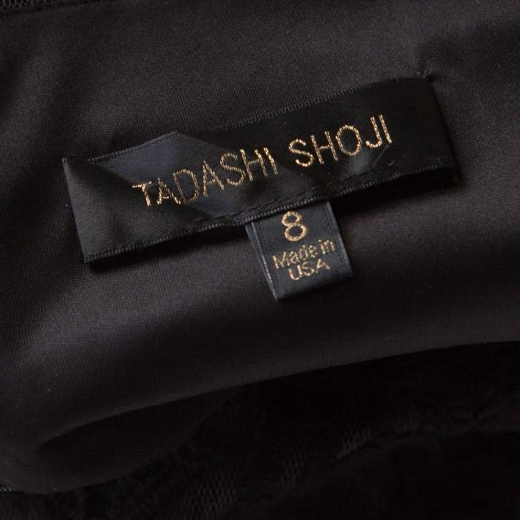 Pre Owned Tadashi Shoji Black Lace Paneled Overlay Sheer Yoke Gown M