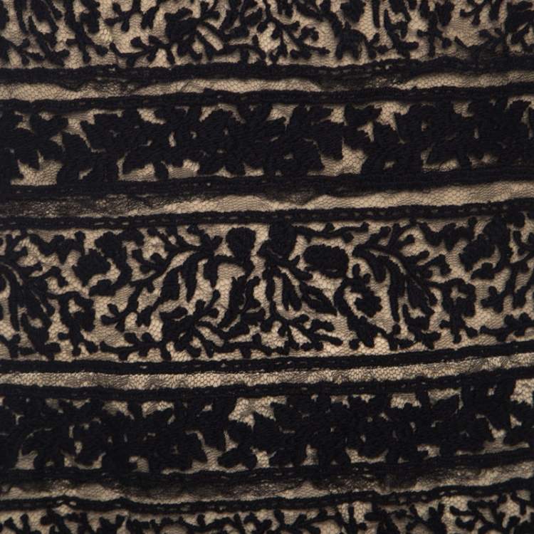 Pre Owned Tadashi Shoji Black Lace Paneled Overlay Sheer Yoke Gown M