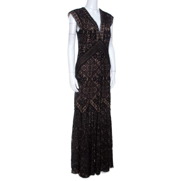 Pre Owned Tadashi Shoji Black Lace Overlay V Neck Evening Gown M
