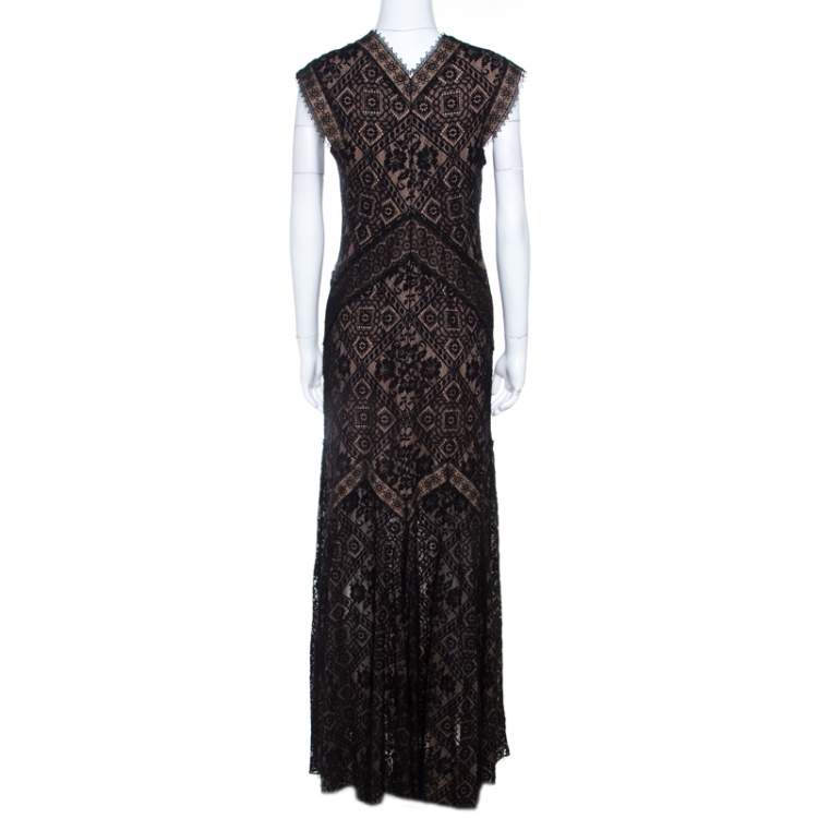 Pre Owned Tadashi Shoji Black Lace Overlay V Neck Evening Gown M