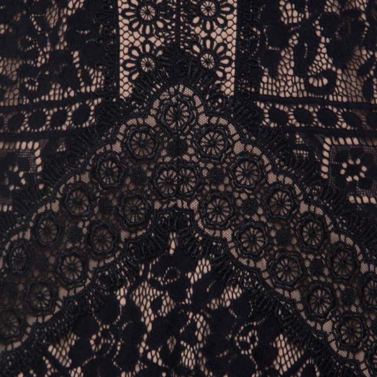 Pre Owned Tadashi Shoji Black Lace Overlay V Neck Evening Gown M