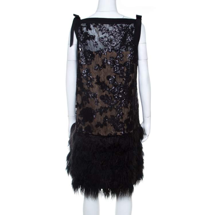 Pre Owned Tadashi Shoji Black Sequined Drop Waist Feather Dress L
