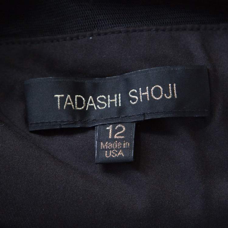 Pre Owned Tadashi Shoji Black Sequined Drop Waist Feather Dress L