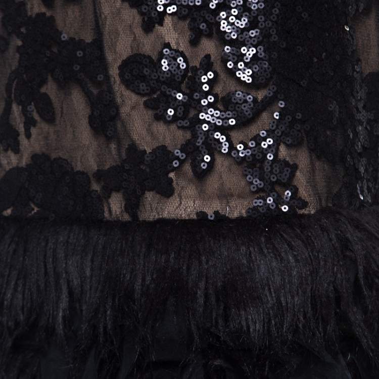 Pre Owned Tadashi Shoji Black Sequined Drop Waist Feather Dress L