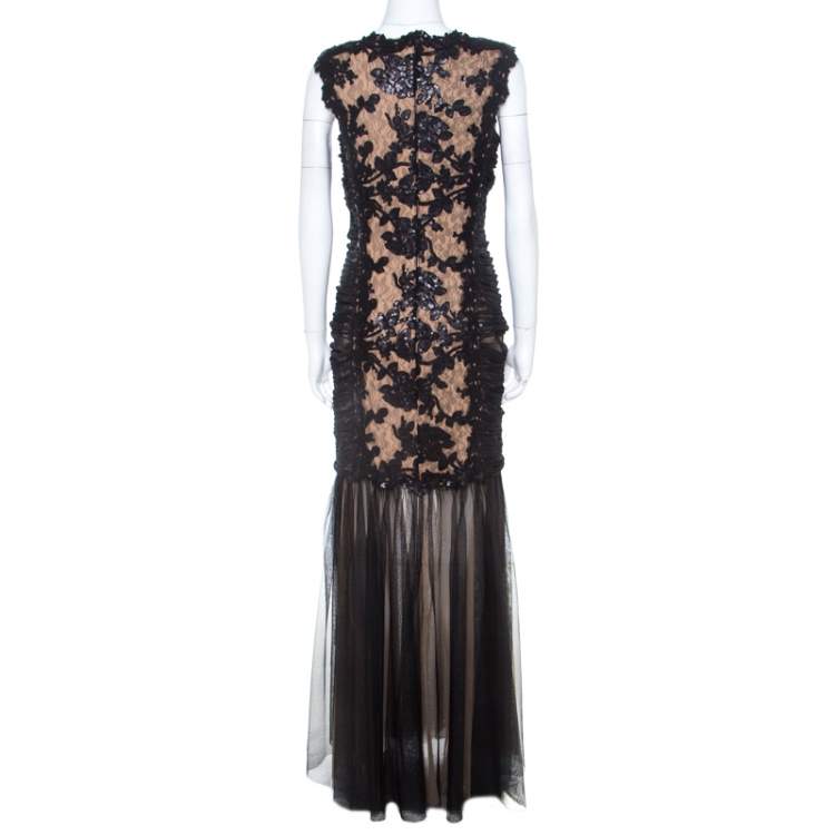 Pre Owned Tadashi Shoji  Black Lace and Tulle Floral Sequin Embellished Gown M 