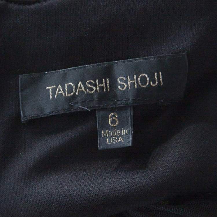 Pre Owned Tadashi Shoji  Black Lace and Tulle Floral Sequin Embellished Gown M 