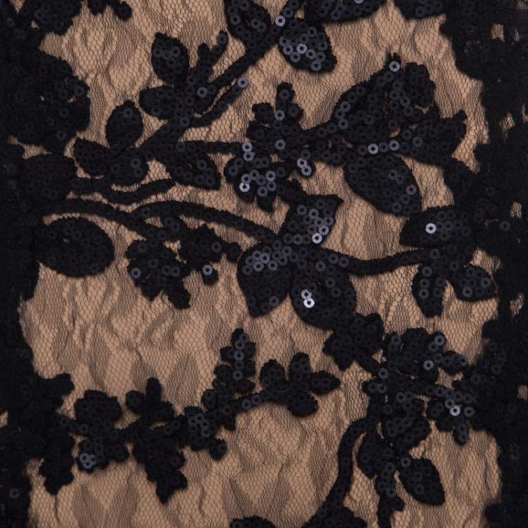 Pre Owned Tadashi Shoji  Black Lace and Tulle Floral Sequin Embellished Gown M 