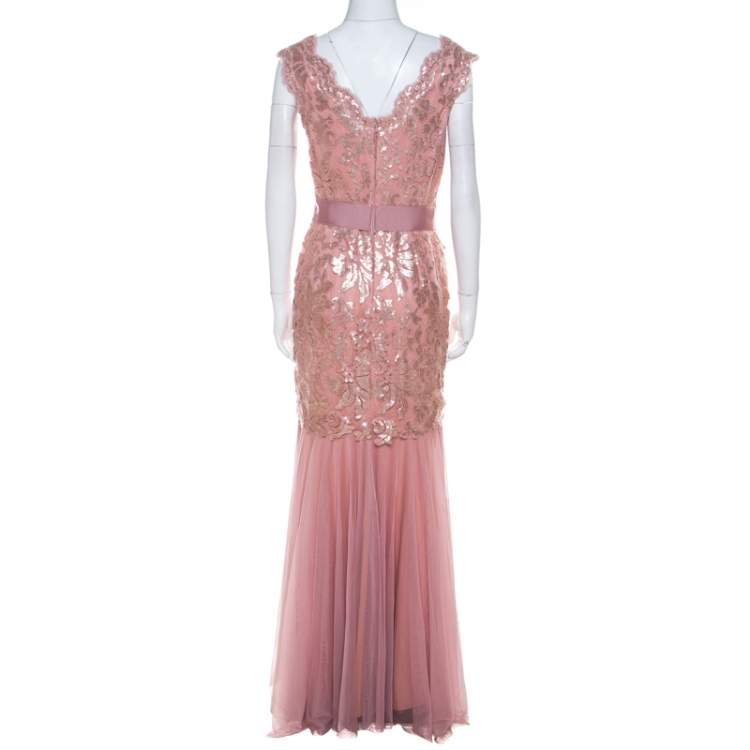 Pre Owned Tadashi Shoji Dusty Rose Sequin Embellished Scalloped Lace Detail Tulle Gown M