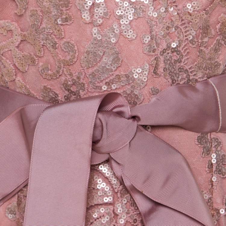 Pre Owned Tadashi Shoji Dusty Rose Sequin Embellished Scalloped Lace Detail Tulle Gown M