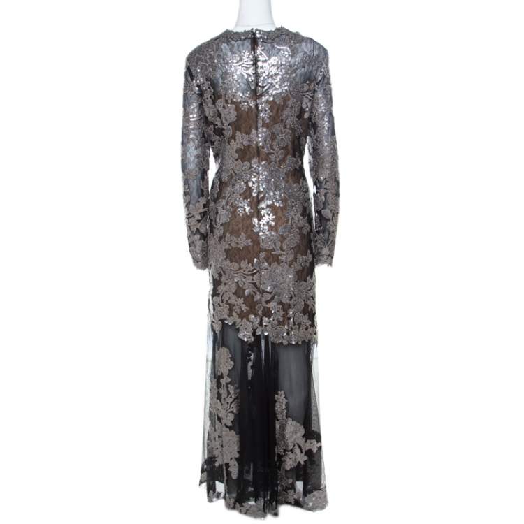 Pre Owned Tadashi Shoji Black Sequin Embellished Lace Evening Gown XL 
