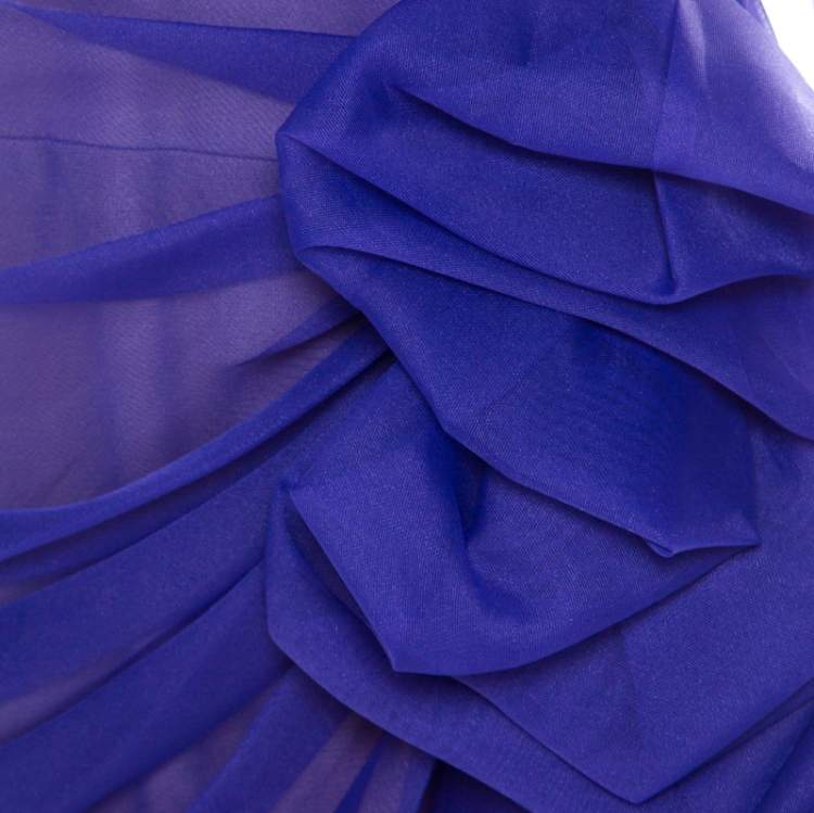 Pre Owned Tadashi Shoji Purple Tulle Ruched Bow Detail Strapless Cocktail Dress M 