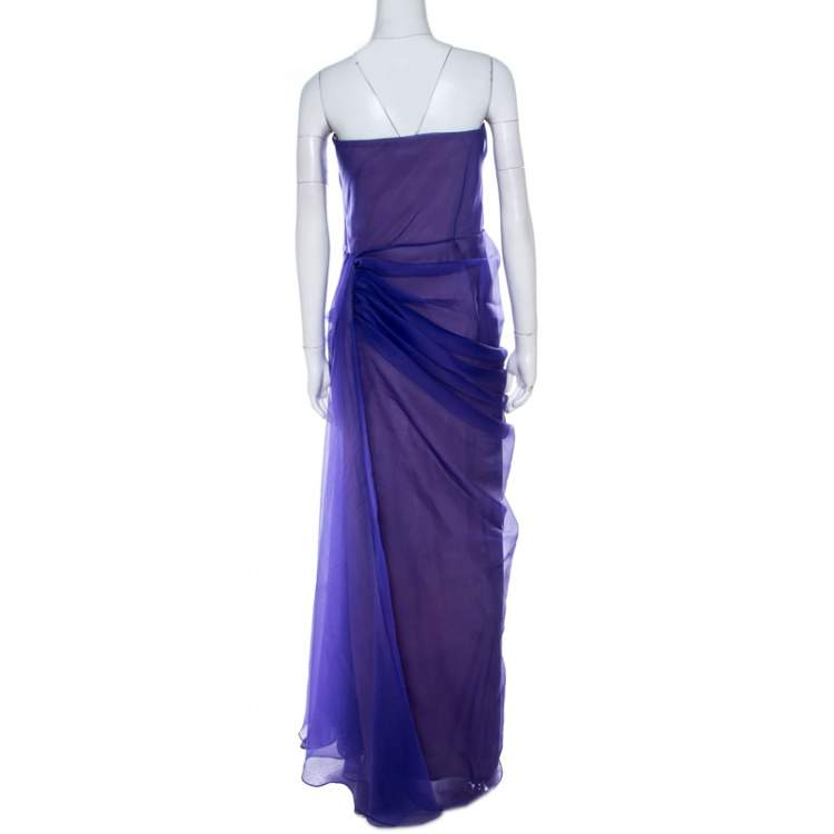 Pre Owned Tadashi Shoji Purple Tulle Ruched Bow Detail Strapless Cocktail Dress M 