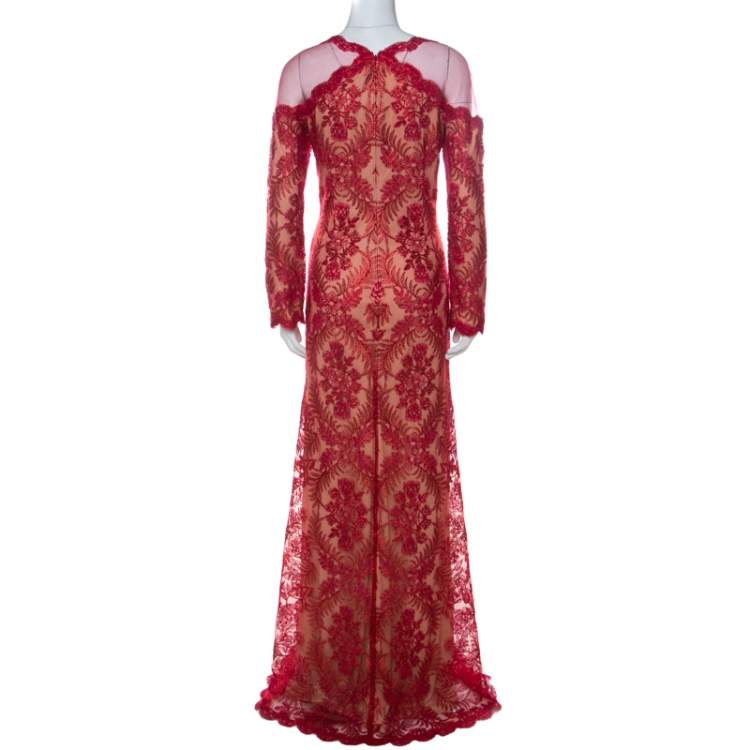Pre Owned Tadashi Shoji Red Metallic Cord Embroidered Cold Shoulder Illusion Inset Tulle Gown L