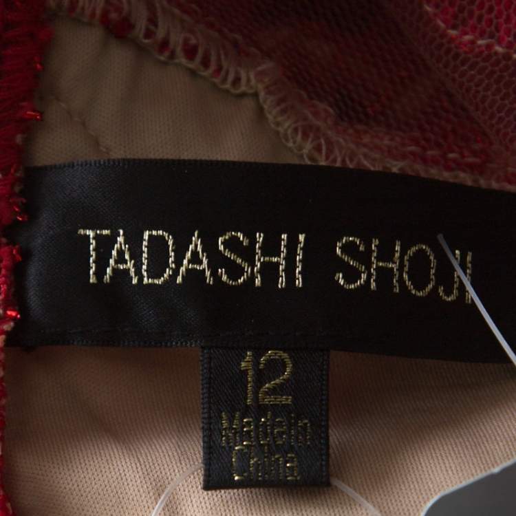 Pre Owned Tadashi Shoji Red Metallic Cord Embroidered Cold Shoulder Illusion Inset Tulle Gown L