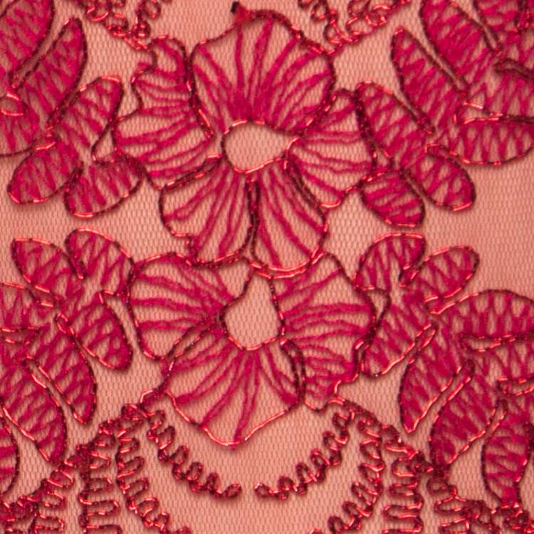 Pre Owned Tadashi Shoji Red Metallic Cord Embroidered Cold Shoulder Illusion Inset Tulle Gown L