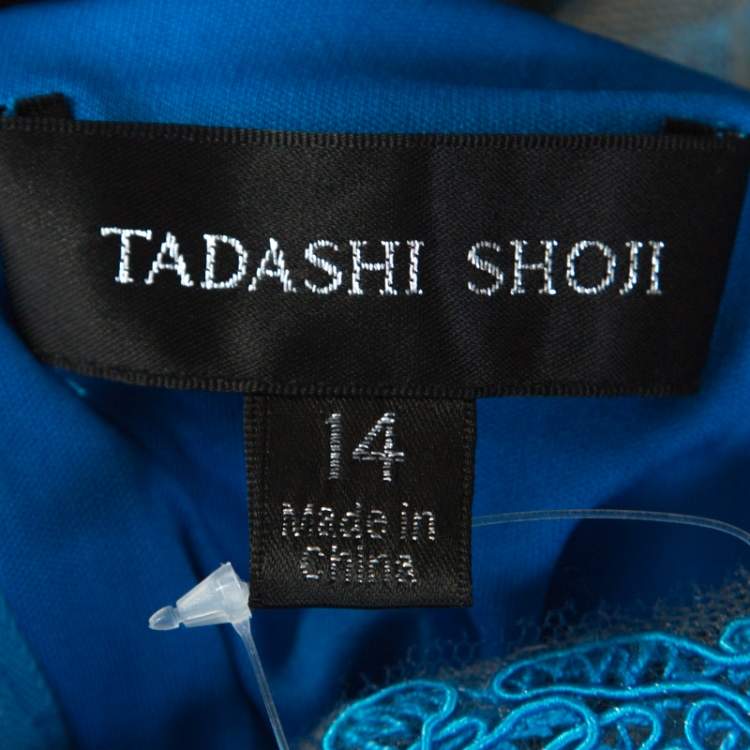 Pre Owned Tadashi Shoji Cerulean Blue Corded Embroidered Tulle Tiered Moreau Gown XL